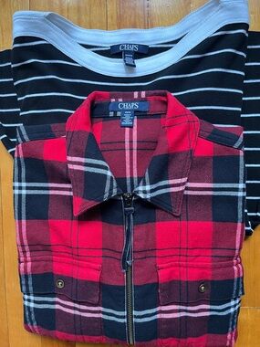 Chaps Red and Black Plaid Zip-Front Shirt and black and white t-shirt